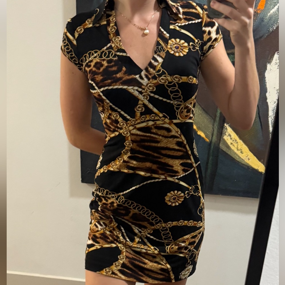 Cache Black and Gold Chain Print Midi Dress